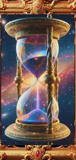Golden hourglass with galaxy backdrop framed ornately.