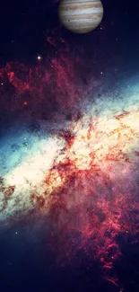 Vibrant galaxy wallpaper with nebula and planet in cosmic scene.