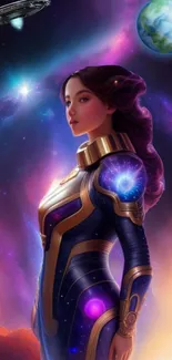 Sci-fi woman in space suit with galaxy background.