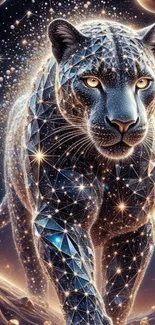 Galactic leopard with cosmic stars and digital pattern.