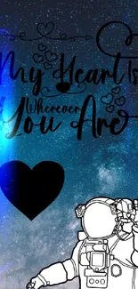 Romantic starry sky wallpaper with astronaut illustration and love message.