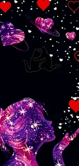 Galactic-themed wallpaper with a silhouette girl and floating hearts.