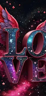 Love wallpaper with galaxy-themed letters and wings.