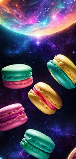 Colorful macarons float in a vibrant galaxy background.