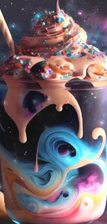 Vibrant galaxy-themed milkshake wallpaper with swirling colors.