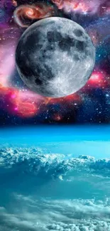 Moon hovering over vibrant galaxy and serene clouds wallpaper.