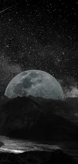 A mesmerizing moonlit galaxy scene with mountains and stars.