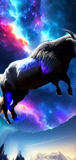 Galactic mountain goat flies through a vibrant cosmic sky scene.