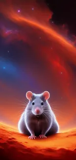 A whimsical mouse in a cosmic orange galaxy landscape.