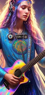 Galactic muse with guitar in a colorful cosmic setting.