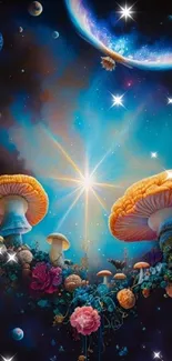 Fantasy galactic scene with glowing mushrooms and cosmic elements.