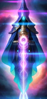 Mystical figure with glowing orb in a galaxy backdrop wallpaper.