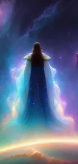 A woman in flowing robes floats in a vibrant cosmic scene, full of color and mystique.