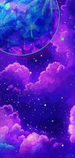 Vibrant neon galaxy with purple clouds.