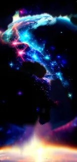 Vibrant neon galaxy with dark blue background