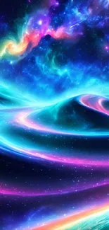 Vibrant neon cosmic waves in a galaxy-themed mobile wallpaper.