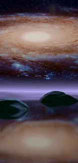 Galactic night sky wallpaper with purple hues and water reflections.