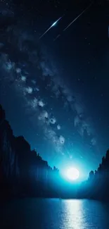 Dark blue night sky with stars and a glowing moon.