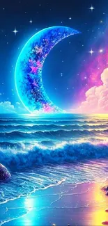 Fantasy art wallpaper with moon over ocean waves and colorful night sky.