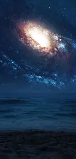 Galaxy swirling above ocean horizon in night sky wallpaper.