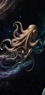 Octopus floating in cosmic space with galaxies in the background.