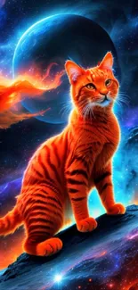 Orange cat with galaxy background mobile wallpaper.