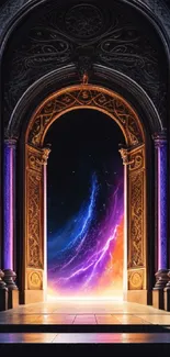 Fantasy doorway opens to a colorful galaxy with a cosmic view.