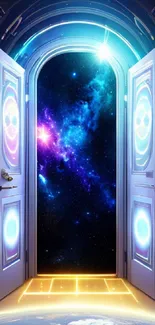 Open doorway to a galaxy with stars and a cosmic view.