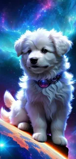 Adorable white puppy on a cosmic galaxy background.