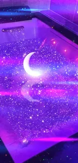 Surreal purple bath in a cosmic galaxy setting with stars and moon.