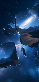 Surreal space landscape with galaxy reflections in broken mirror pieces.