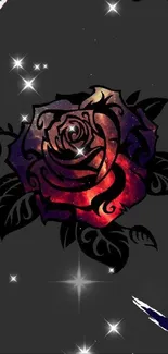 Galactic rose design with cosmic colors on a black background.