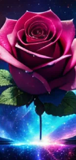 A vivid pink rose set against a cosmic background on mobile wallpaper.