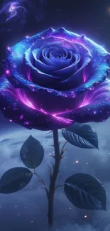 Mystical purple rose in cosmic night sky.