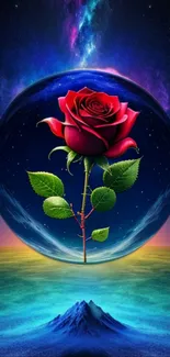 Vibrant red rose in a cosmic sphere on a galaxy-themed background.