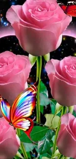 Pink roses and butterflies with a galaxy background.