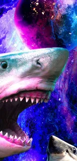 Cosmic shark scene with galaxy background.