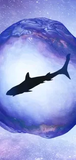 Shark silhouette within a cosmic bubble on a violet-themed wallpaper.