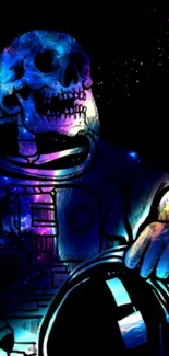 Skeleton astronaut in colorful space setting.