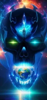 Fantasy cosmic skull with planets and colorful space background.