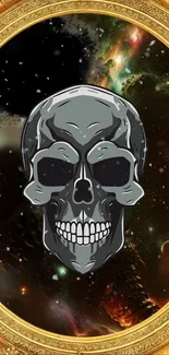 Galactic skull with gold frame on a dark cosmic background.