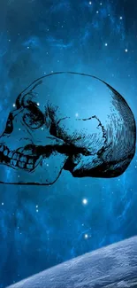 Blue skull with galaxy background, cosmic theme.