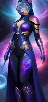 Fantasy art of a galactic sorceress in a swirling cosmic setting.