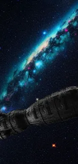 Spaceship in a vibrant galaxy background for mobile.