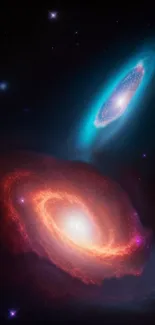 Vibrant spiral galaxies set against a dark cosmic background on mobile wallpaper.