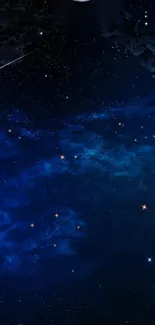 Starry night galaxy wallpaper with blue hues and shining stars.