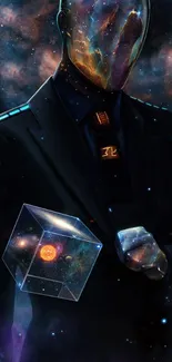 Galaxy-headed figure in a suit holding a cosmic cube in dark space.