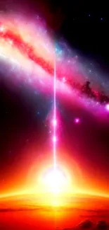 Galactic sunrise with vibrant cosmic colors and radiant sunlight in space-themed wallpaper.