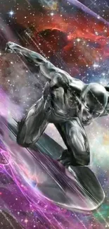 Silver surfer glides through cosmic space in vibrant purple hues.