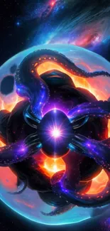 Galactic scene with glowing tentacles and a purple celestial sphere.